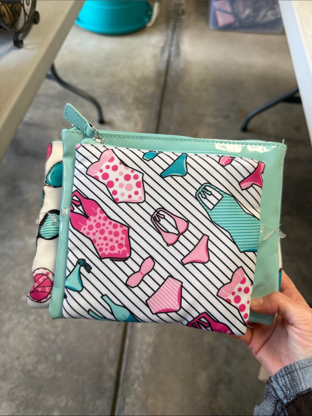 Striped Bikini Print Cosmetic Pouch - Pink & Aqua